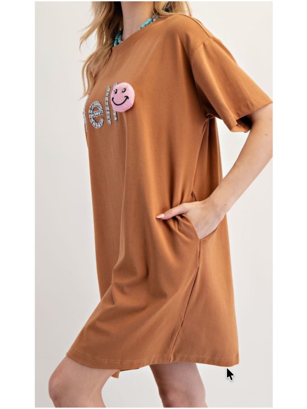 Easel Camel Cotton Loose Fit Rhinestone Hello Short Sleeve Shirt Dress - Picture 2 of 5